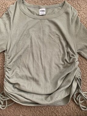 PINK Victoria's Secret Sage Green Waffle Knit Long Sleeve Top with Side Ruching